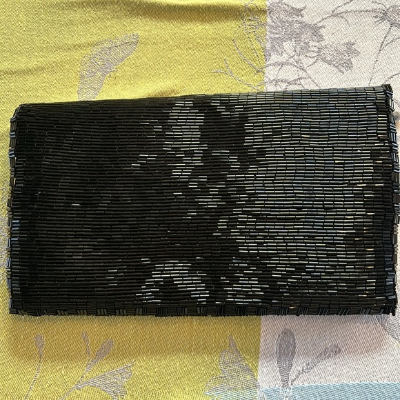 Sondra Roberts Black Bugle Beaded Fold Over Clutch Evening Bag
